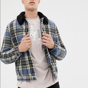 ASOS DESIGN Checked Cord Jacket with Fleece Collar